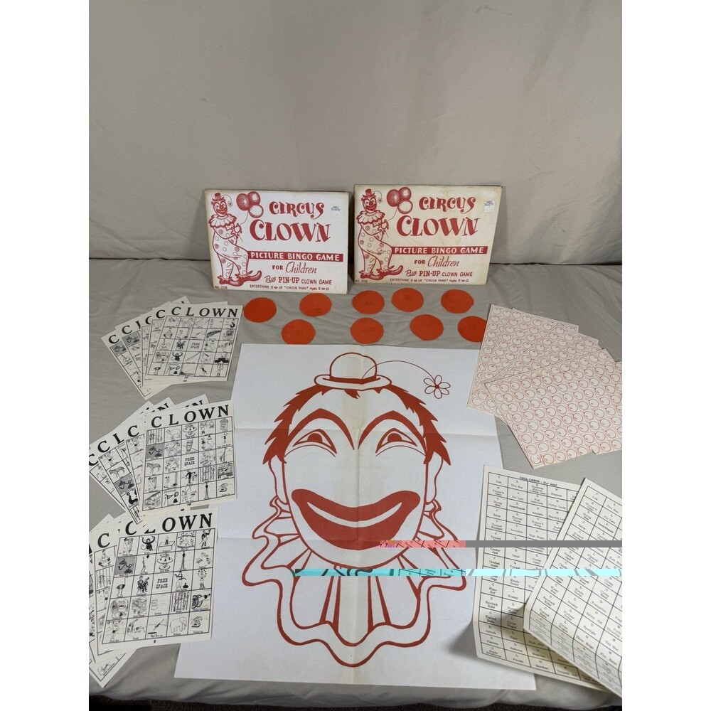 Vintage 1964 Circus Clown Picture Bingo Game Lot of 2 Incomplete? No. 208